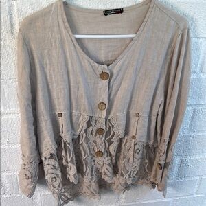Made in Italy Lace Trim Wood Button-Down Linen Jacket sz M